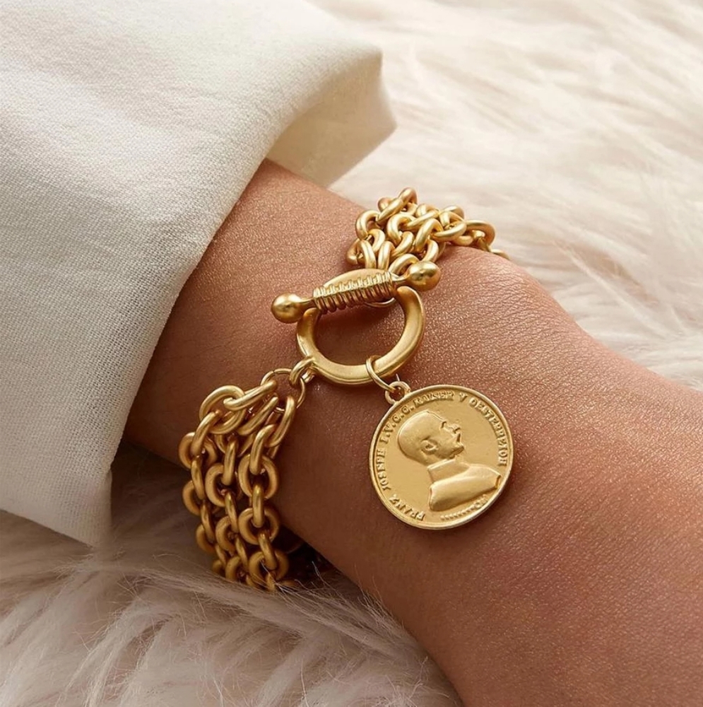 *NEW Gold Plated Charm Chain Coin Art Vintage Style Bracelet